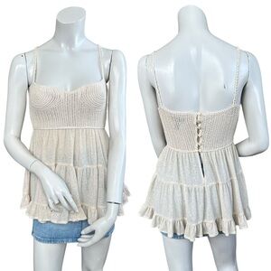 Aqua Boho Tiered Crochet Bustier Bodice Cream Tan Babydoll Top Size Medium
